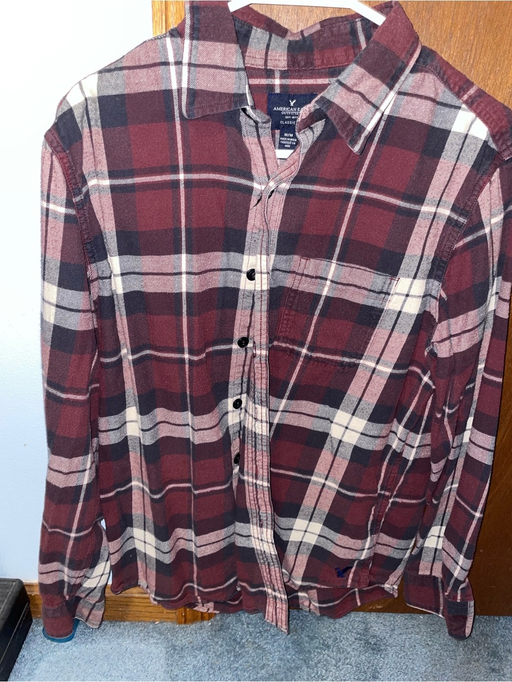American Eagle Outfitters Burgundy and Black Plaid Button-Down Shirt